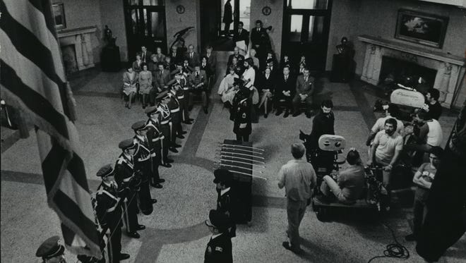 Cadets serve as extras in a scene for "Damien: Omen II" being filmed at what then was Northwestern Military and Naval Academy in Lake Geneva on Oct. 14, 1977. This photo was published in the Oct. 15, 1977, Milwaukee Journal.