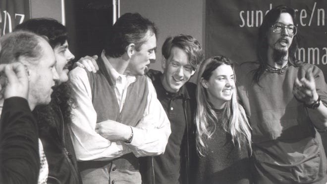 Filmmakers Chris Smith (center) and Sarah Price (second from right) commune with the subjects of their documentary "American  Movie," including filmmaker Mark Borchardt (right), at the 1999 Sundance Film Festival. Filmed in Milwaukee, the movie about Borchardt's attempts to make a low-budget horror movie to finance his dream project, won the top documentary prize at Sundance that year.