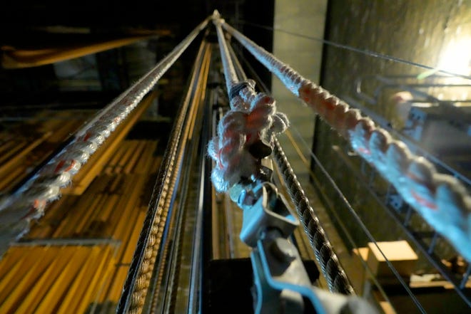 A series a ropes and pulleys are behind the screen in the main center theatre at the Oriental Theatre on North Farwell Avenue in Milwaukee on Thursday, Nov. 2, 2023.