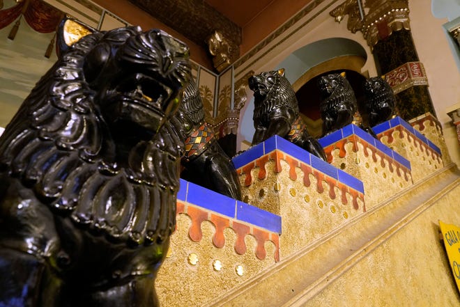 Lion statues line the stairs leading to the balcony at the Oriental Theatre on North Farwell Avenue in Milwaukee on Thursday, Nov. 2, 2023.