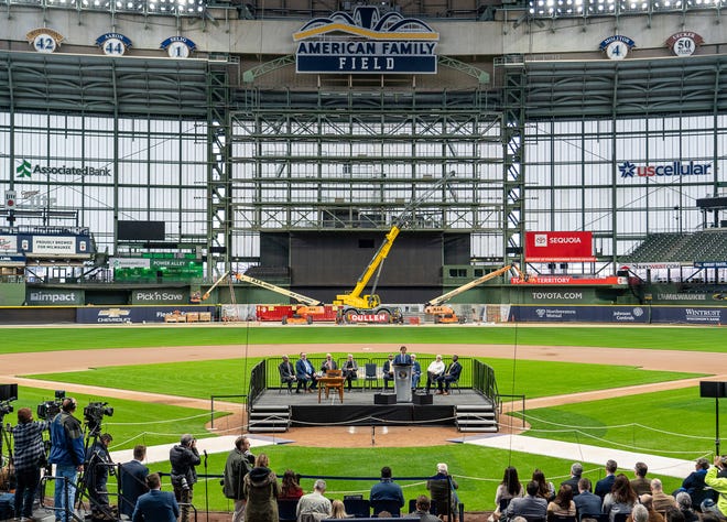 Milwaukee Brewers owner Mark Attanasio speaks as Gov. Tony Evers prepares to sign Assembly Bill 438 and Assembly Bill 439, a bipartisan package of bills passed by the Wisconsin State Legislature to keep the Milwaukee Brewers and Major League Baseball (MLB) in Wisconsin through 2050, on Tuesday December 5, 2023 at American Family Field in Milwaukee, Wis.