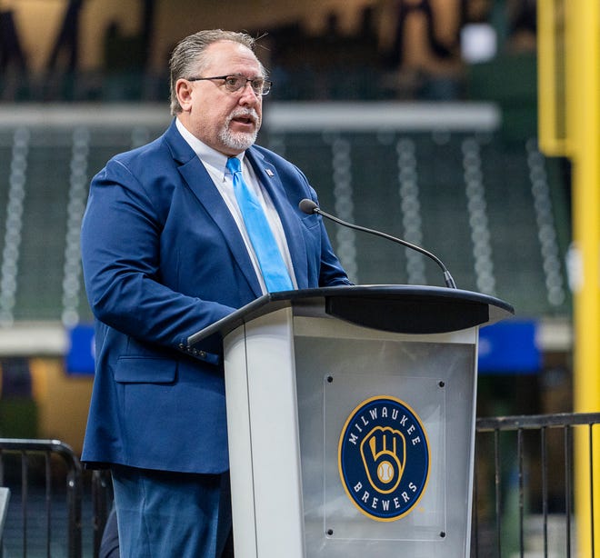 Rep. Robert Brooks, R-Saukville and co-author of the stadium funding legislation, speaks as Gov. Tony Evers prepares to sign Assembly Bill 438 and Assembly Bill 439, a bipartisan package of bills passed by the Wisconsin State Legislature to keep the Milwaukee Brewers and Major League Baseball (MLB) in Wisconsin through 2050, on Tuesday December 5, 2023 at American Family Field in Milwaukee, Wis.